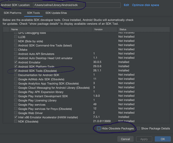 interface Android Studio qui indique la localisation du SDK